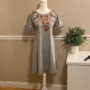 Gray Dress with Floral Embroidery